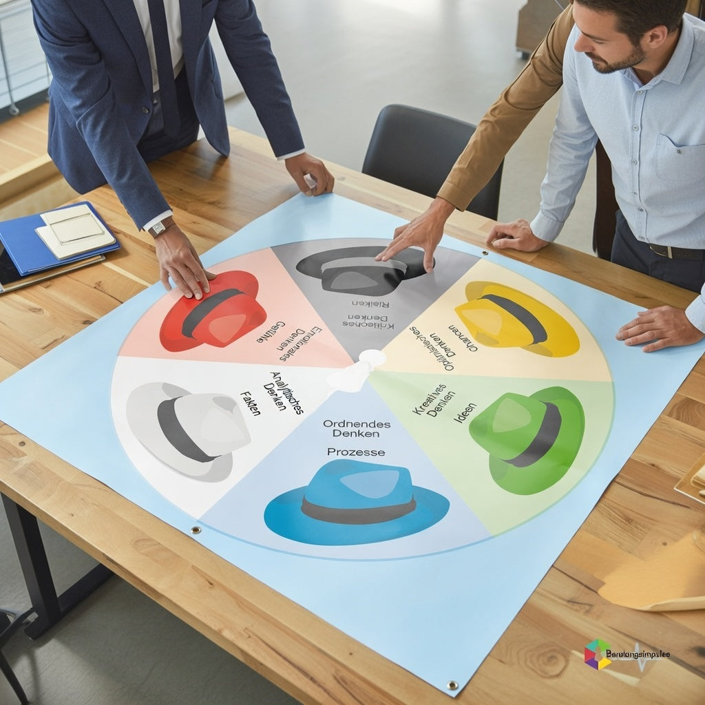 Eine Coaching-Plane liegt auf einem Tisch, Personen stehen rundherum