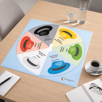 Die Coaching Plane 6-Hüte Methode liegt auf einem Besprechungstisch