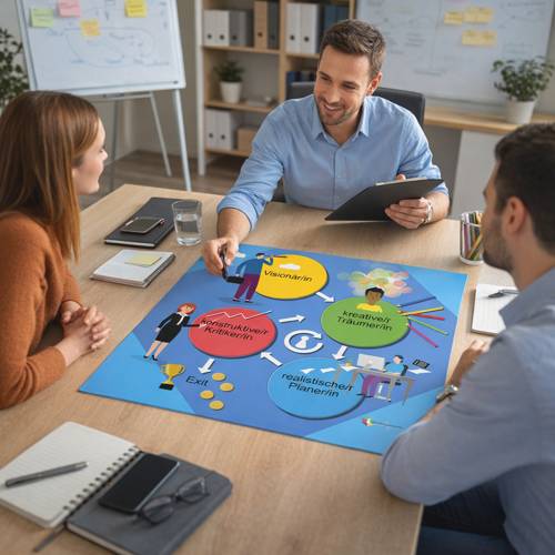 Die Coachingplane "Die Disney-Strategie" ligt auf einem Besprechungstisch. 3 Personen sitzen rundherum.