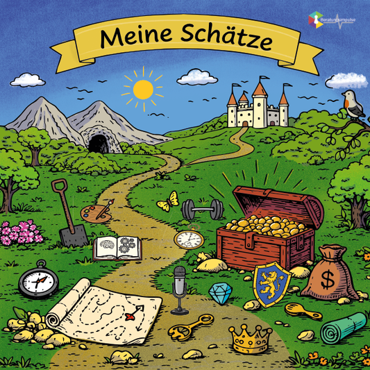 Die Coaching-Plane: "Meine Schätze" dient dazu die eigenen Ressourcen zu sehen und zu entdecken. Zu sehen ist eine Landschaft mit einem Weg zu einem Schloss und einer Höhle. Im Vordergrund sind folgende Gegenstände angeordnet: Spaten, Farbpalette und Pinsel, Schatztruhe, Geldbeutel, Schatzkarte, Kompass Uhr, Mikrophon, Diamant, Krone, Schlüssel, Hantel...